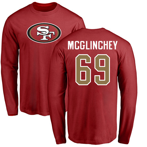 Men San Francisco 49ers Red Mike McGlinchey Name and Number Logo #69 Long Sleeve NFL T Shirt->nfl t-shirts->Sports Accessory